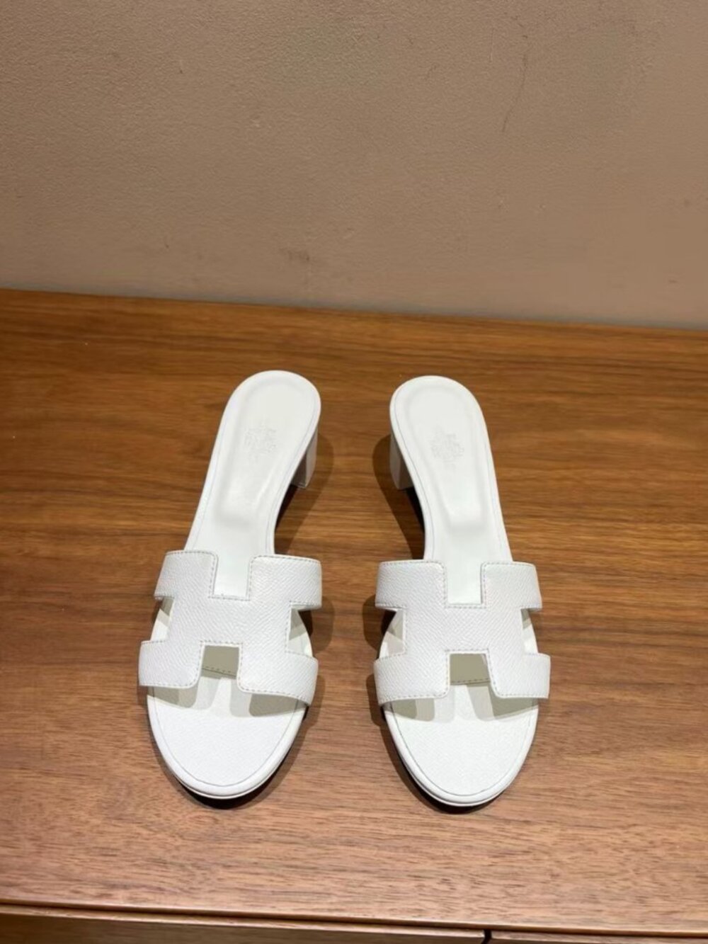 Hermes Oasis White Epsom Leather Block Heel Slides